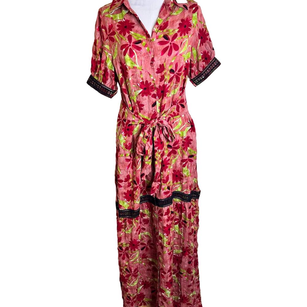 Mulla Maxi Shirt Dress w Pockets Small Womens Pink Floral Cottage Crochet Belted